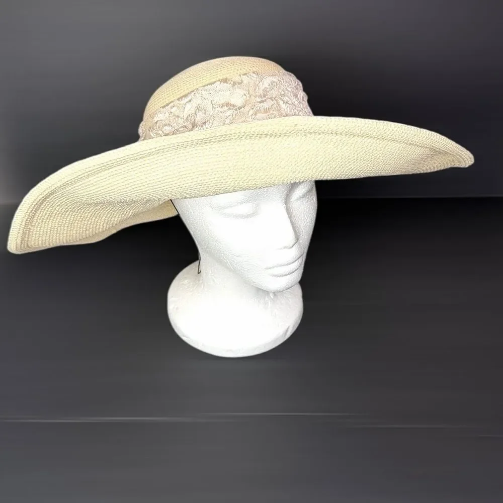 Whittall & Shon Wide Brim Straw Hat Lace Knotted Wrap Summer Derby Garden Party